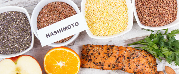 Inscription hashimoto with healthy eating for thyroid gland. Ingredients containing vitamins and minerals