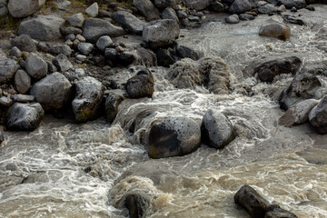 Mountain river water landscape. Forest river wild landscape. Wild river stream rocks flowing.