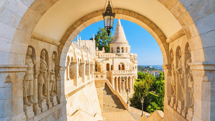 View on the Fisherman's Bastion. Arch gallery and Arpad-era warrior statues with staircase. Popular...