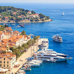 Coastal summer landscape with a top view of the City Harbour of the town of Hvar, on the island of...