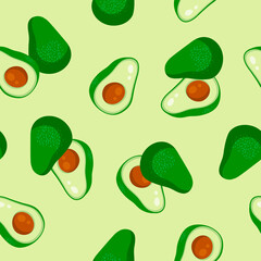 Netural seamless pattern with whole and sliced avocado on light green background.