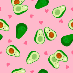 Seamless hand drawn pattern with cartoon avocado couple character, avocado in love. Texture for textile, wrapping paper, scrapbooking, packaging etc.