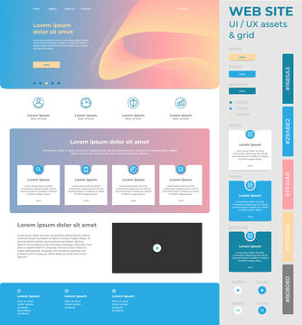 Web site UI design assets with isolated interactive elements, banner with abstract waves, color scheme, three main colours