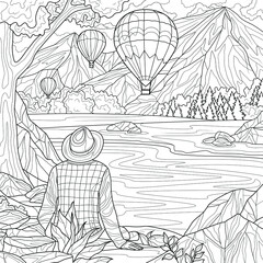Tourist looks at balloons among the mountains.Coloring book antistress for children and adults. Illustration isolated on white background.Zen-tangle style. Hand draw
