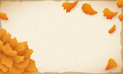 Empty scroll decorated with marigold flower and petals, Vector illustration