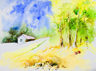 Bright Indian village watercolor painting , hand painted illustration. A village home and trees. Rural landscape.
