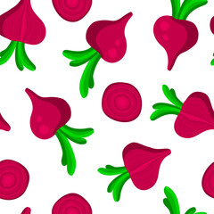 Seamless pattern with ripe colorful beets on white background. Hand drawn beetroot pattern.