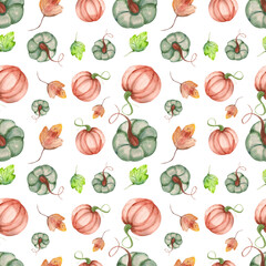Seamless design of ripe pumpkins with green leaves on a white background. Watercolor illustration of a seamless pattern with orange and blue pumpkins.