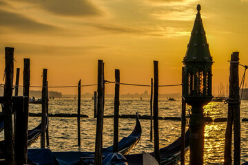 The gondola jetty in San Marco square in Venice at sunset