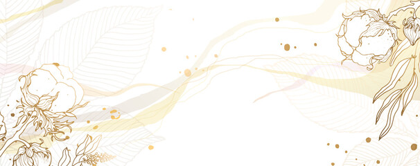 Luxurious golden wallpaper. Gold leaves and flowers of cotton on a white background, a picture with a shiny light texture. Modern art mural wallpaper. Splashes and watercolor stripes. Vector