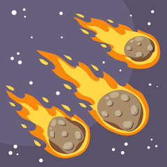 Meteor with trail of fire. Dangerous space object. Big asteroid. Comet with tail. Celestial object. Flying in sky. Stars and astronomy. Cartoon flat illustration