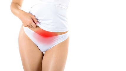 Premenstrual syndrome. Female faceless body in white underwear with red highlight in the lower abdomen, bikini line, isolated on white.
