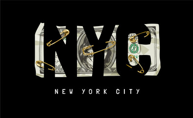 NYC slogan with gold secure pins on banknote background vector illustration - obrazy, fototapety, plakaty