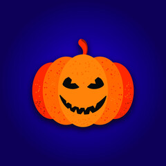 Festive poster with a scary smiling pumpkin. Halloween is the scariest and funniest international holiday in history. Orange lantern on a purple background. The end of autumn. Vector.