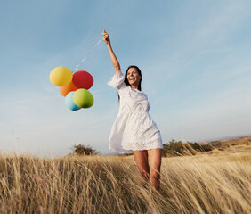 woman balloon girl outdoor fun happy lifestyle running happiness nature summer vitality healthy...