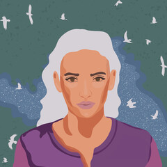 Ilustracja portret młoda dziewczyna z białymi włosami na tle nieba z latającymi ptakami
