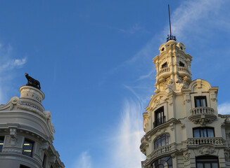 Streets of Madrid. Top details of the buildings in Gran Vía. Spain.
