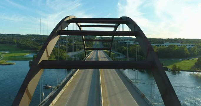 Pennybacker Bridge Flyover 360 Bridge in Austin Texas on Colorado River (Aerial Drone View in 4k)