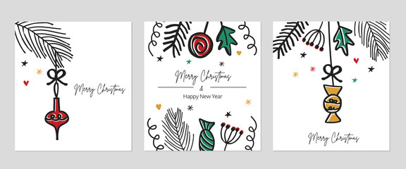 Christmas cute cards with Christmas decorations, candies, leaves, berrries