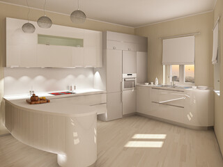 3d render of the interior design of a white kitchen in a futuristic style. Kitchen design for presentation