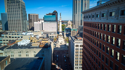 Aerial view through streets of Soldiers and Sailors Monument in downtown Indianapolis, Indiana
