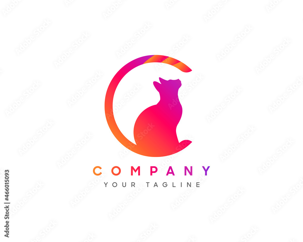 Poster Abstract, colorful purple gradient unique and handmade idea logo with the letters C with a hidden animal cat tail inside letter C.