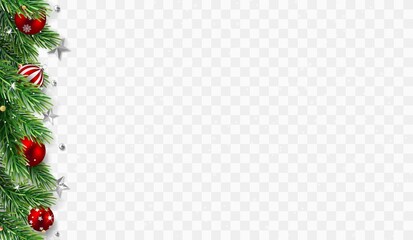 Border with green fir branches, stars, balls isolated on transparent background.	