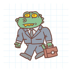 Alligator character holding briefcase and goes. Hand drawn character