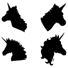 set of fine unicorn silhouettes - running, rearing and jumping magic horses