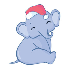 Merry baby cartoon Santa elephant celebrating Christmas with a red Santa Claus hat on its head