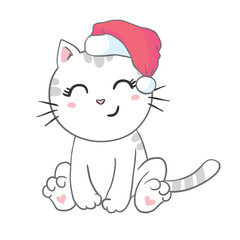 Cute kitten in a santa hat. Christmas illustration can be used for greeting cards, coloring books and stationery.