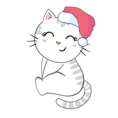 Cute kitten in a santa hat. Christmas illustration can be used for greeting cards, coloring books and stationery.