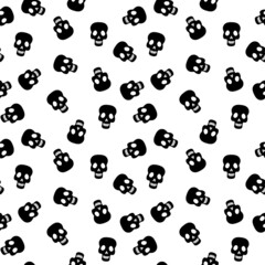 Vector Halloween seamless pattern. Black icons of skull, spider, web, pumpkins, cauldron. Design elements for halloween party poster. Flat cartoon illustration. Objects isolated on a white background.