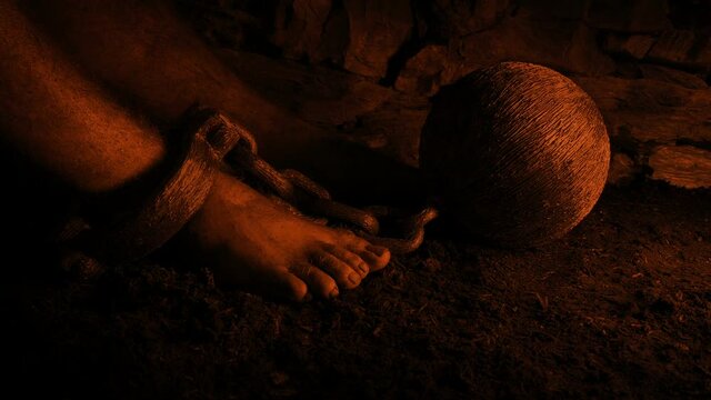 Prisoner Sits With Ball And Chain In Firelight