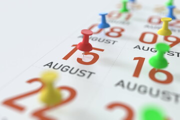 August 15 date and push pin on a calendar, 3D rendering