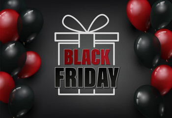 banner for black friday with red and black balloons, text, gift drawn in white outline on a dark background. Vector illustration, concept for sale, in realistic style