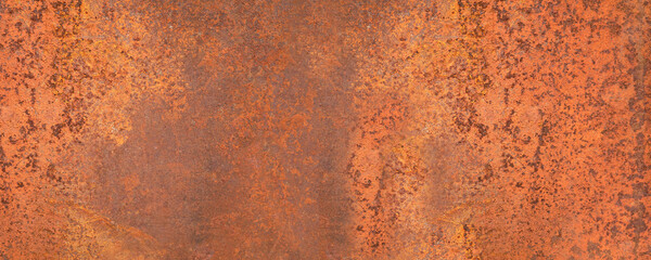 texture of an old metal surface coated with a layered orange rust.  banner, Copy space for interior design background, wallpaper