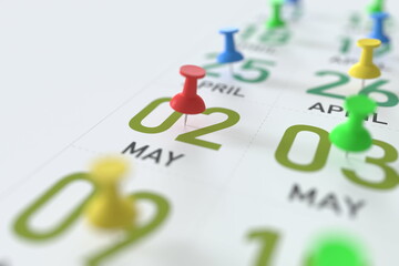 May 2 date marked with a pin calendar, 3D rendering
