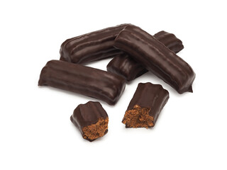 sweet chocolate candies with filling, white background