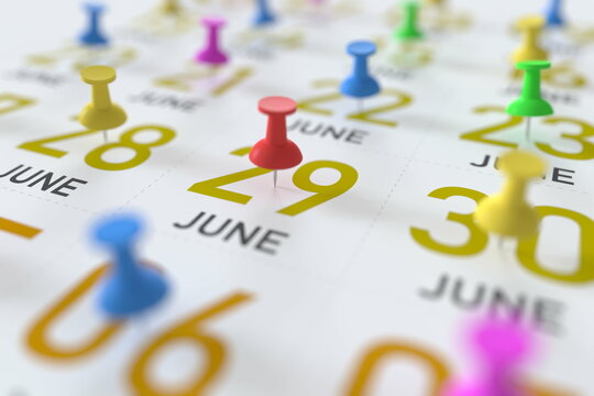 June 29 date and push pin on a calendar, 3D rendering