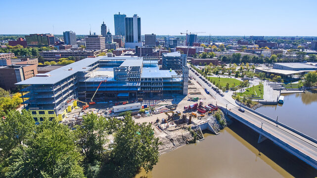 Downtown Fort Wayne, Indiana skyline with construction site and Promenade Park