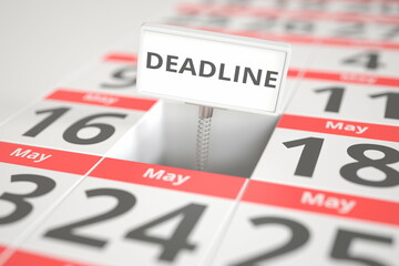 DEADLINE plate on May 17 in a calendar, 3d rendering