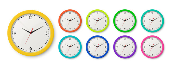 Vector 3d Realistic Color Wall Office Clock Icon Set Isolated on White. Different Colors. White Dial. Design Template of Wall Clock Closeup. Mock-up for Branding, Advertise. Top, Front View