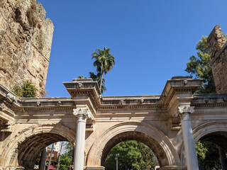 Hadrian`s Gate Uckapilar in old city of Antalya Kaleici, Turkey