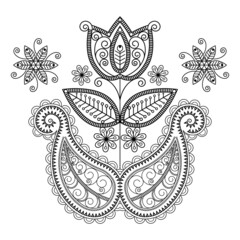 Black and white stylized tulip flower in the style of Paisley, Turkish cucumber, buta. Turkish, oriental floral pattern coloring, zentangle, doodle. Indian traditional ornament. Vector illustration.