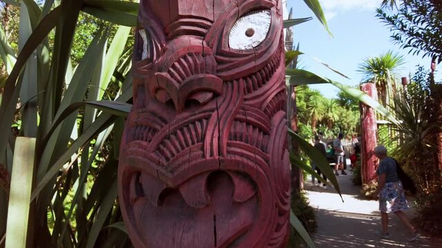 Native Maori Carving In Hamilton Gardens. Waikato, Hamilton, New Zealand