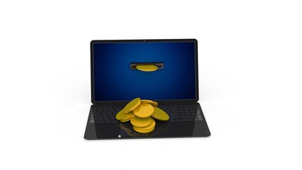 3d illustration laptop computer with gold coins
