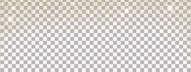Sparkling falling gold dust on transparent background. Vector horizontal background with glitter and space for text.	