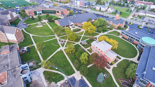 Aerial of grounds of college campus in northeast Indiana