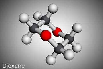 Dioxane (1,4-Dioxane) molecule. It is used primarily as a solvent in the manufacture of chemicals. Molecular model. 3D rendering